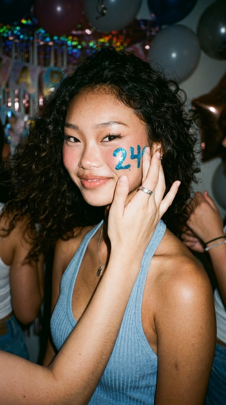 Y2K birthday caption effect with bold age text and bright party style