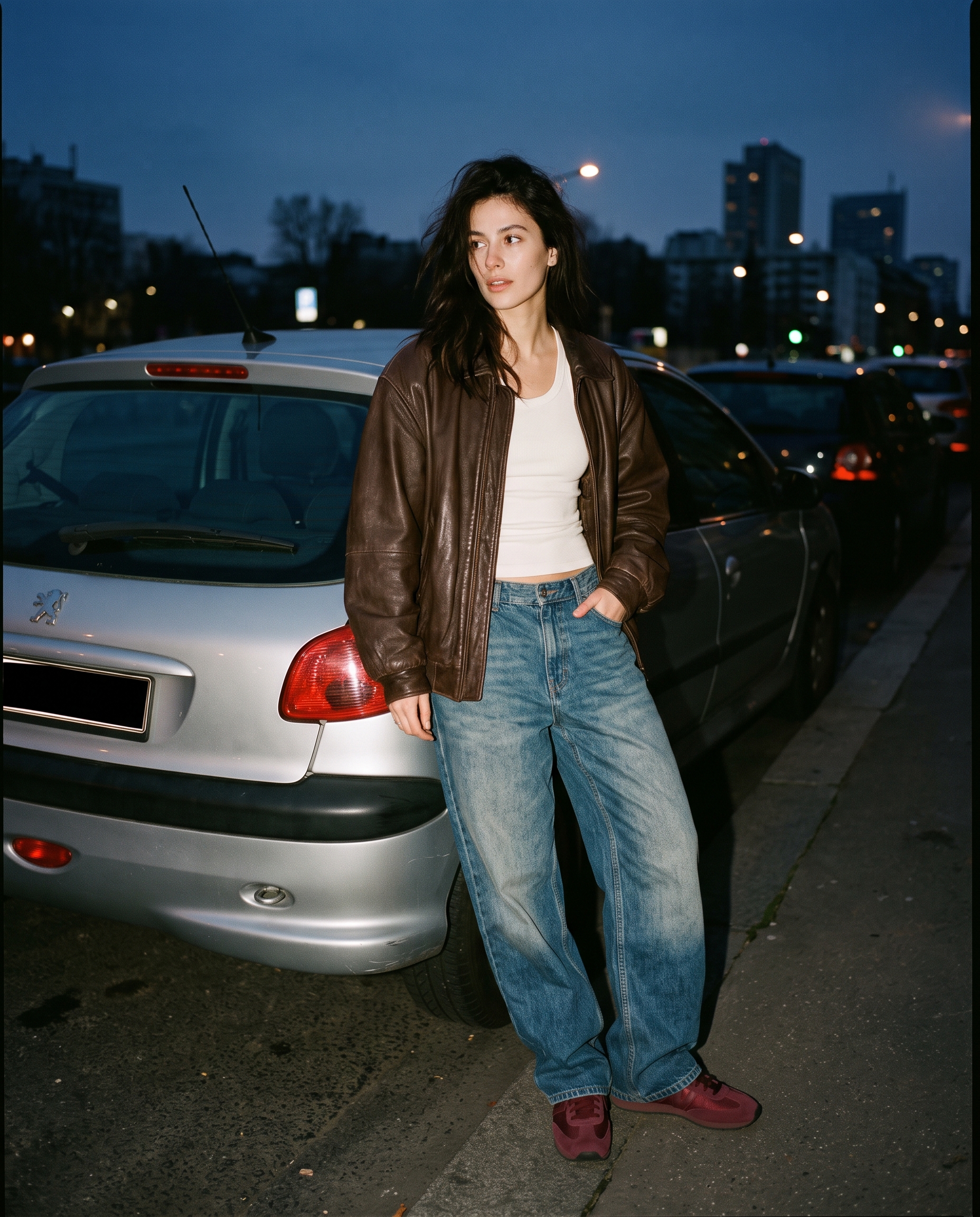 outfit moodboard effect with brown bomber jacket