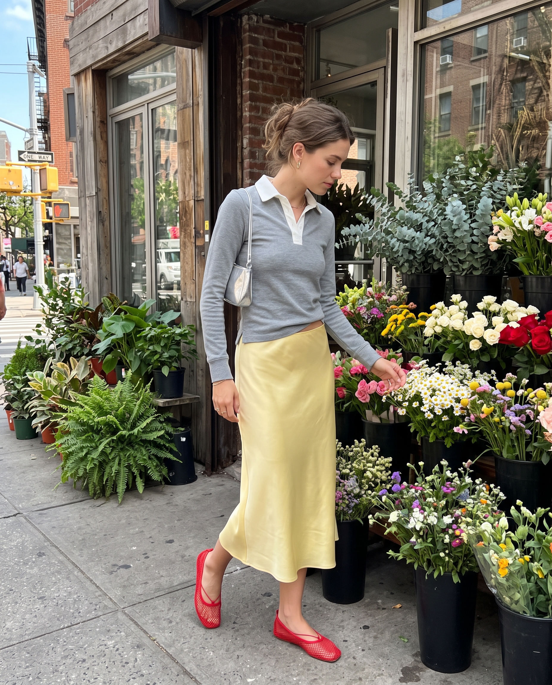 outfit moodboard effect with butter yellow slip skirt